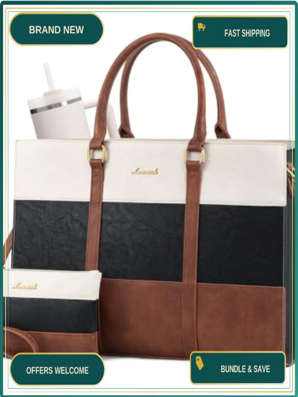 LOVEVOOK Laptop Bag for Women 15.6 Inch PU Leather Tote with Clutch